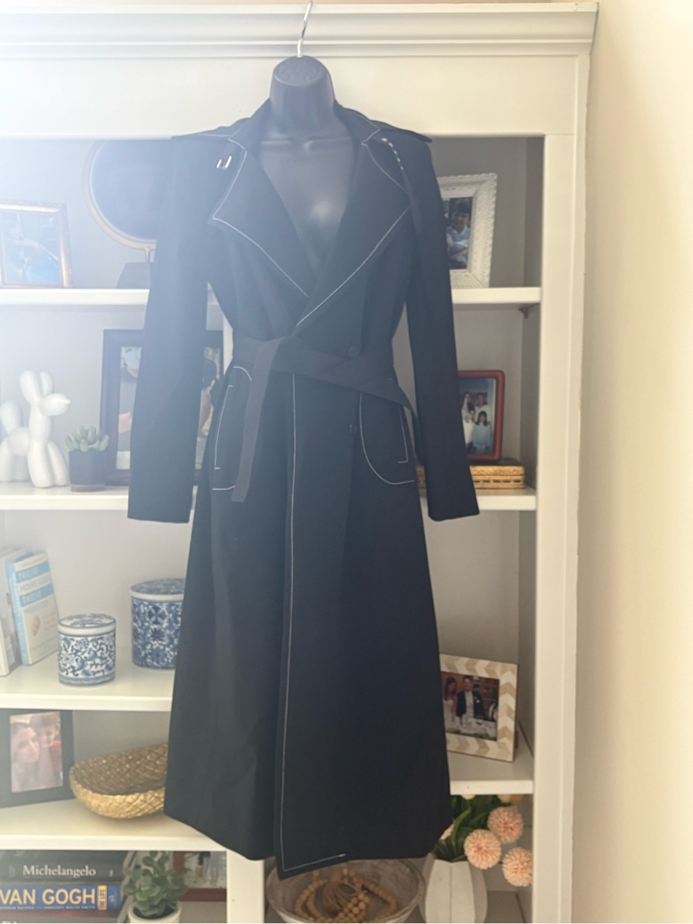 Rachel Comey Black Long Trench Coat with White Contrast Stitching